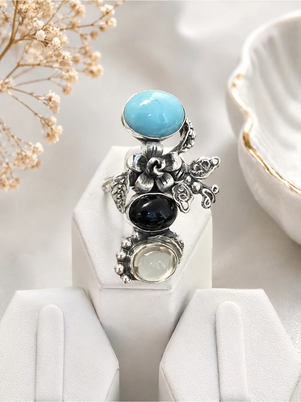 Sterling Silver Multi-Stone Floral Ring - Larimar,Onyx,Citrine